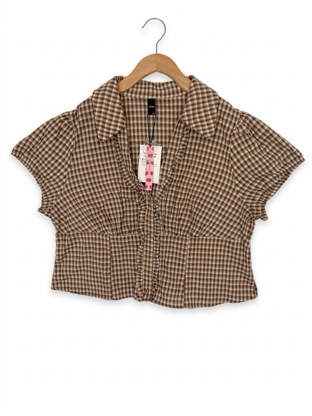 NWT Cider Brown White Gingham Plaid Ruffle Trim Crop Top 4XL Cottagecore Y2K